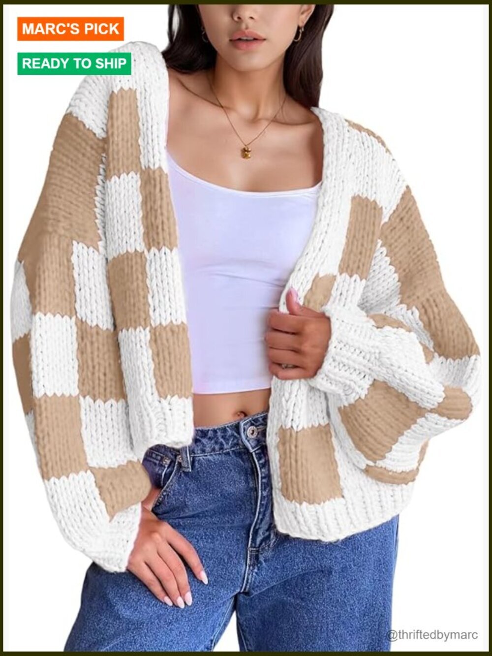 Women's Checkered Chunky Knit Open Front Cardigan Sweater